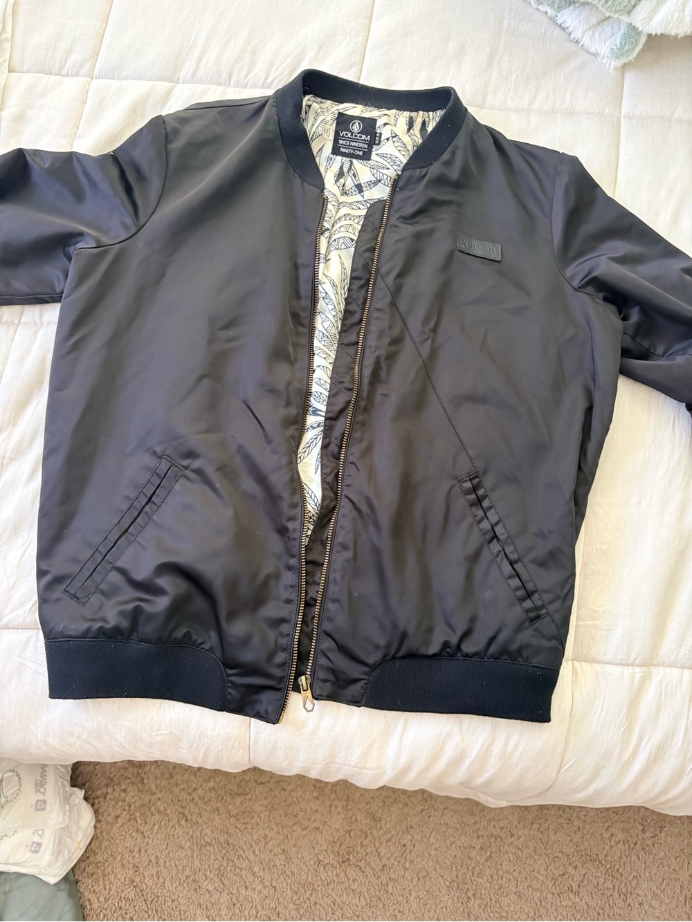 Volcom womens Black Satin Bomber Jacket with Patterned Lining